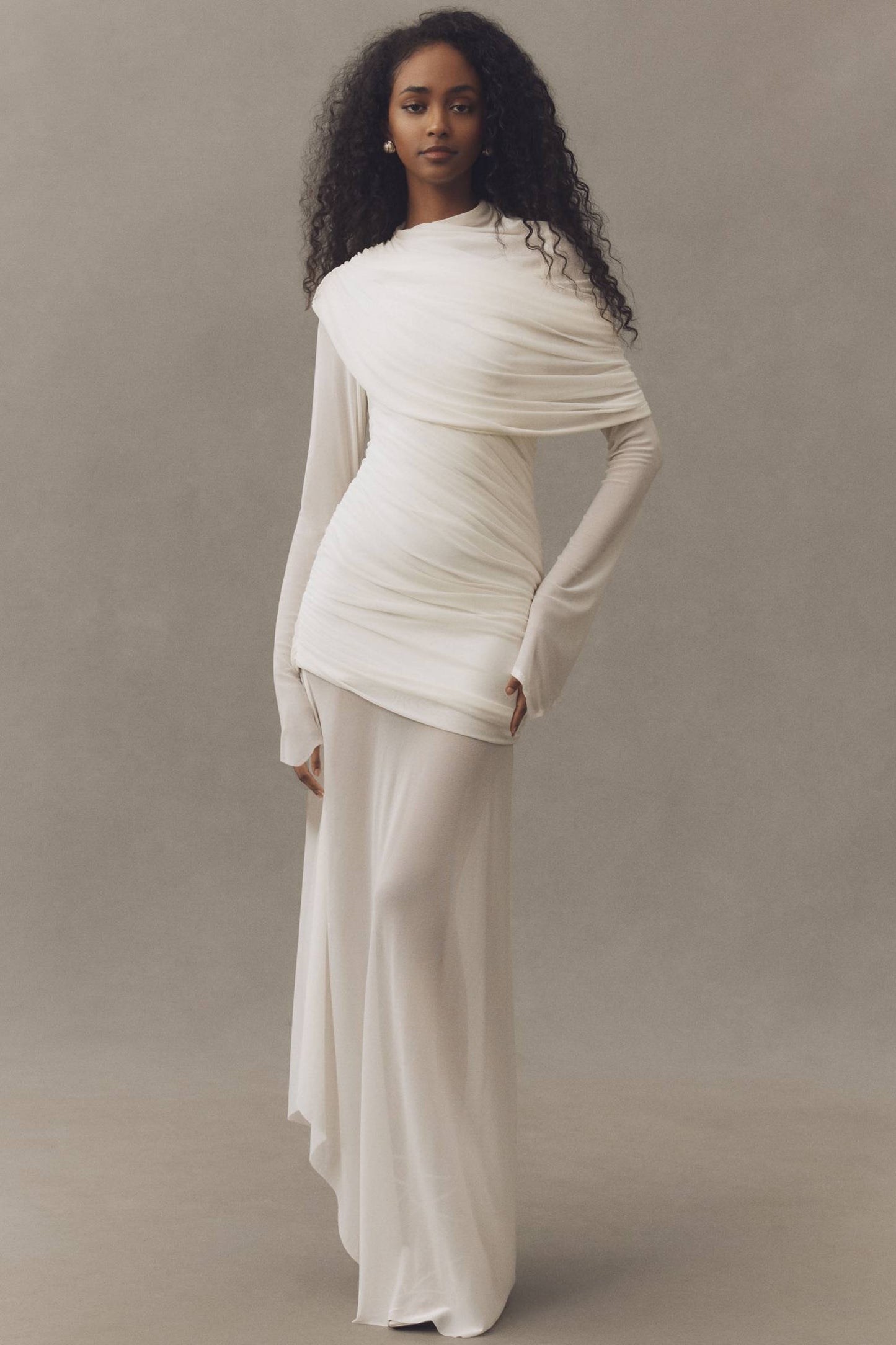 Isla Long-Sleeve Draped Sheer Maxi Dress