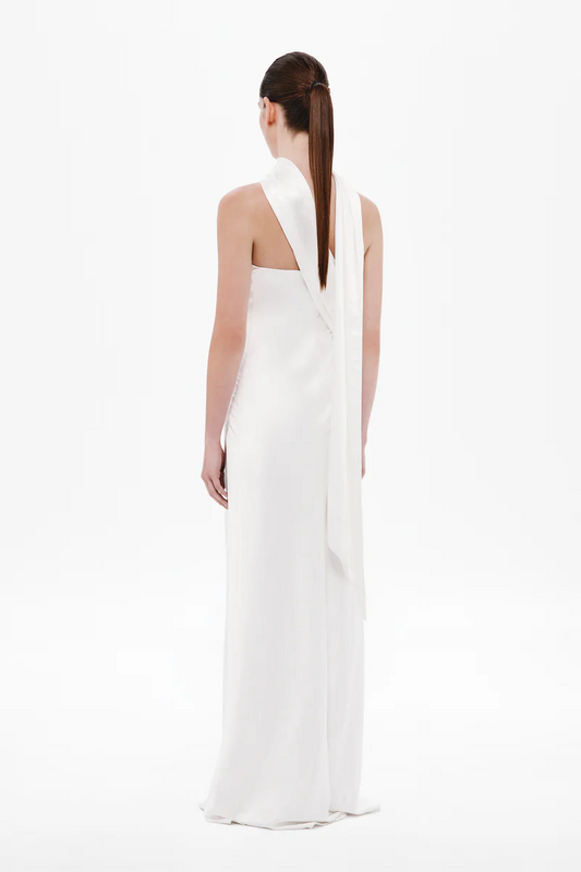 White Satin Maxi Dress with Neck Scarf