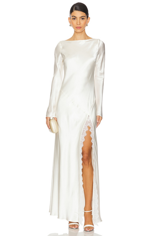 Silk Maxi Dress with Lace Slit