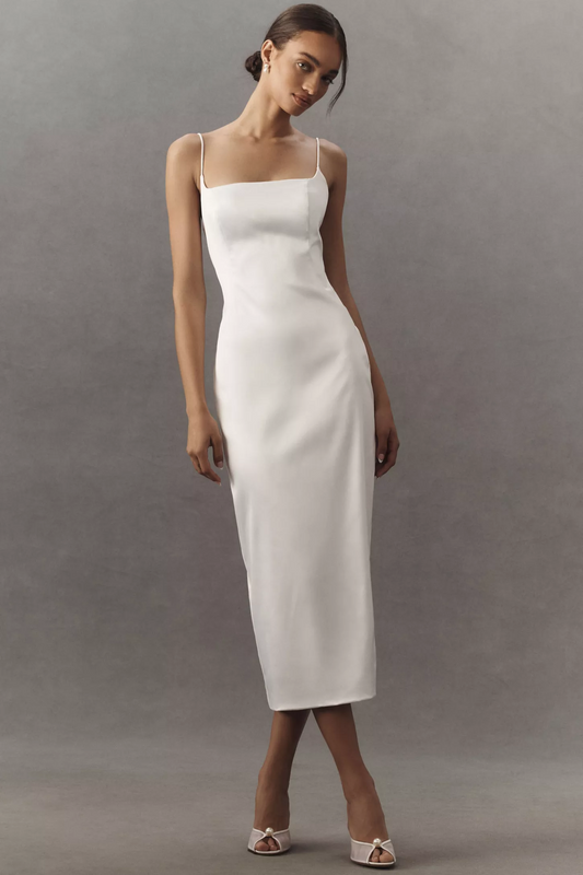 Square-Neck Stretch Satin Midi Dress