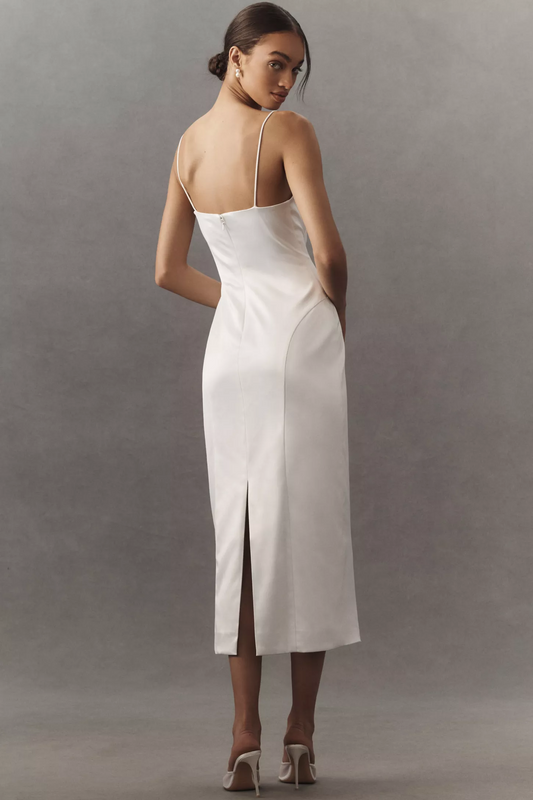 Square-Neck Stretch Satin Midi Dress