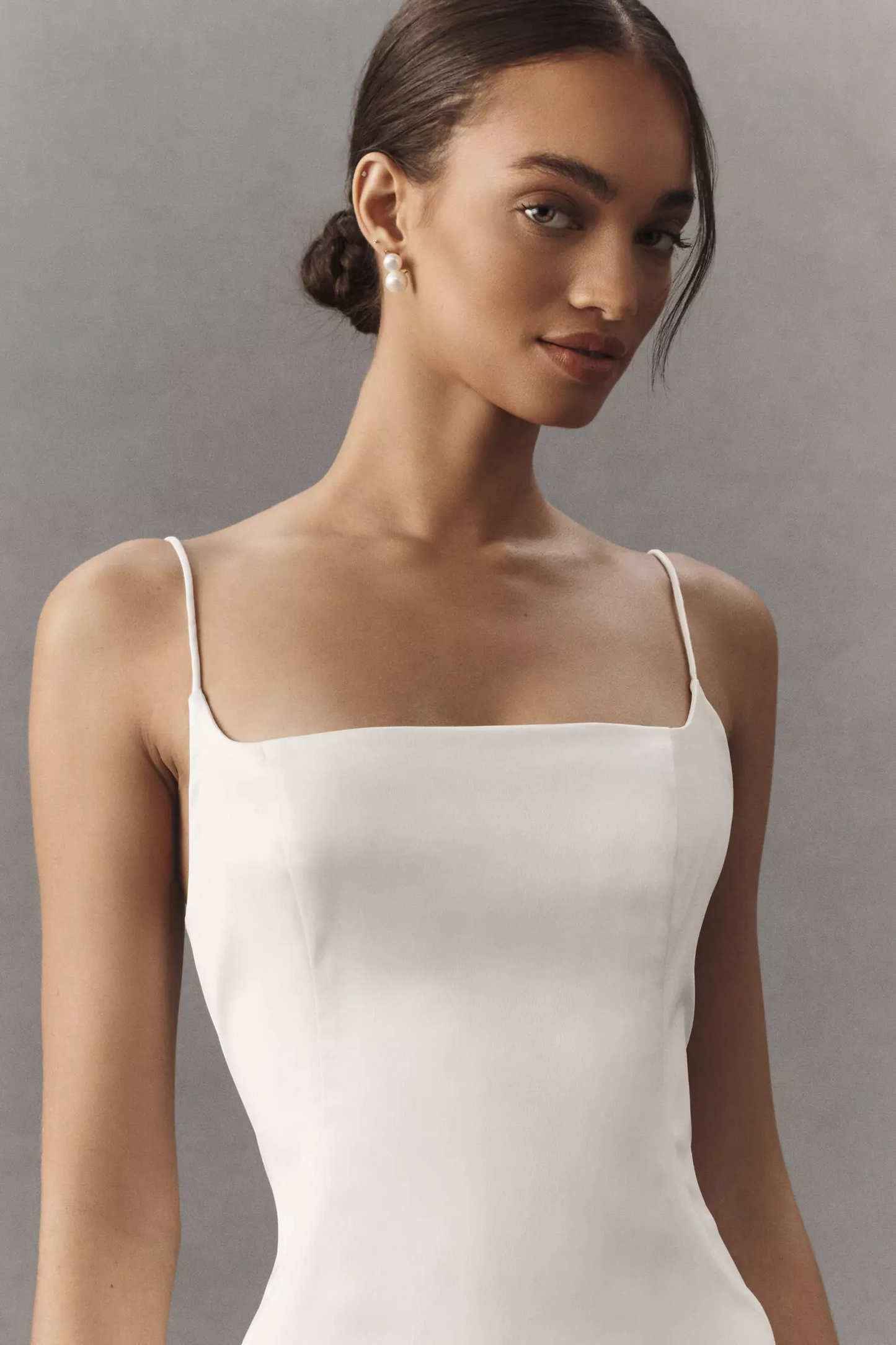 Square-Neck Stretch Satin Midi Dress