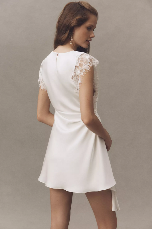 Asymmetrical Lace Sleeve Satin Mini Dress