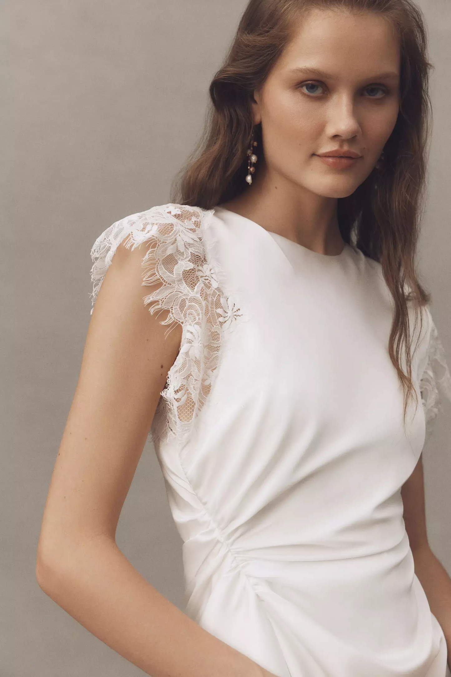 Asymmetrical Lace Sleeve Satin Mini Dress