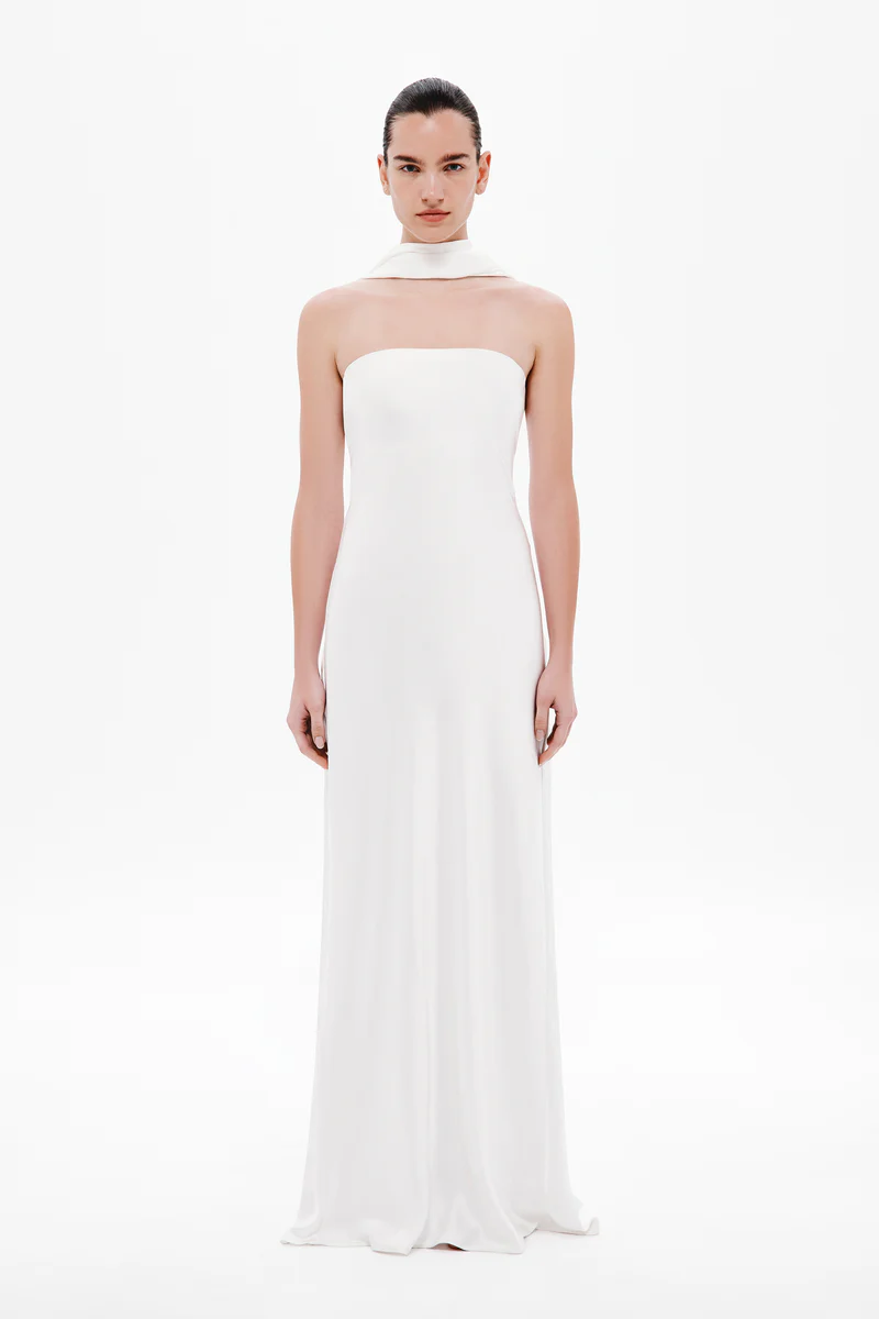 White Satin Maxi Dress with Neck Scarf