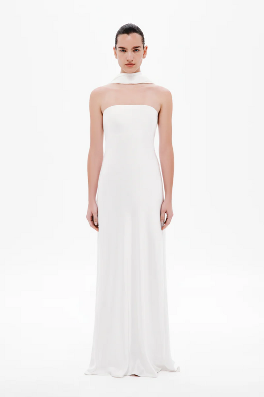 White Satin Maxi Dress with Neck Scarf