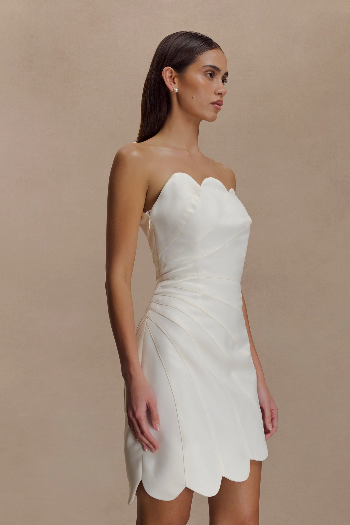 Satin Scallop Strapless Mini Dress