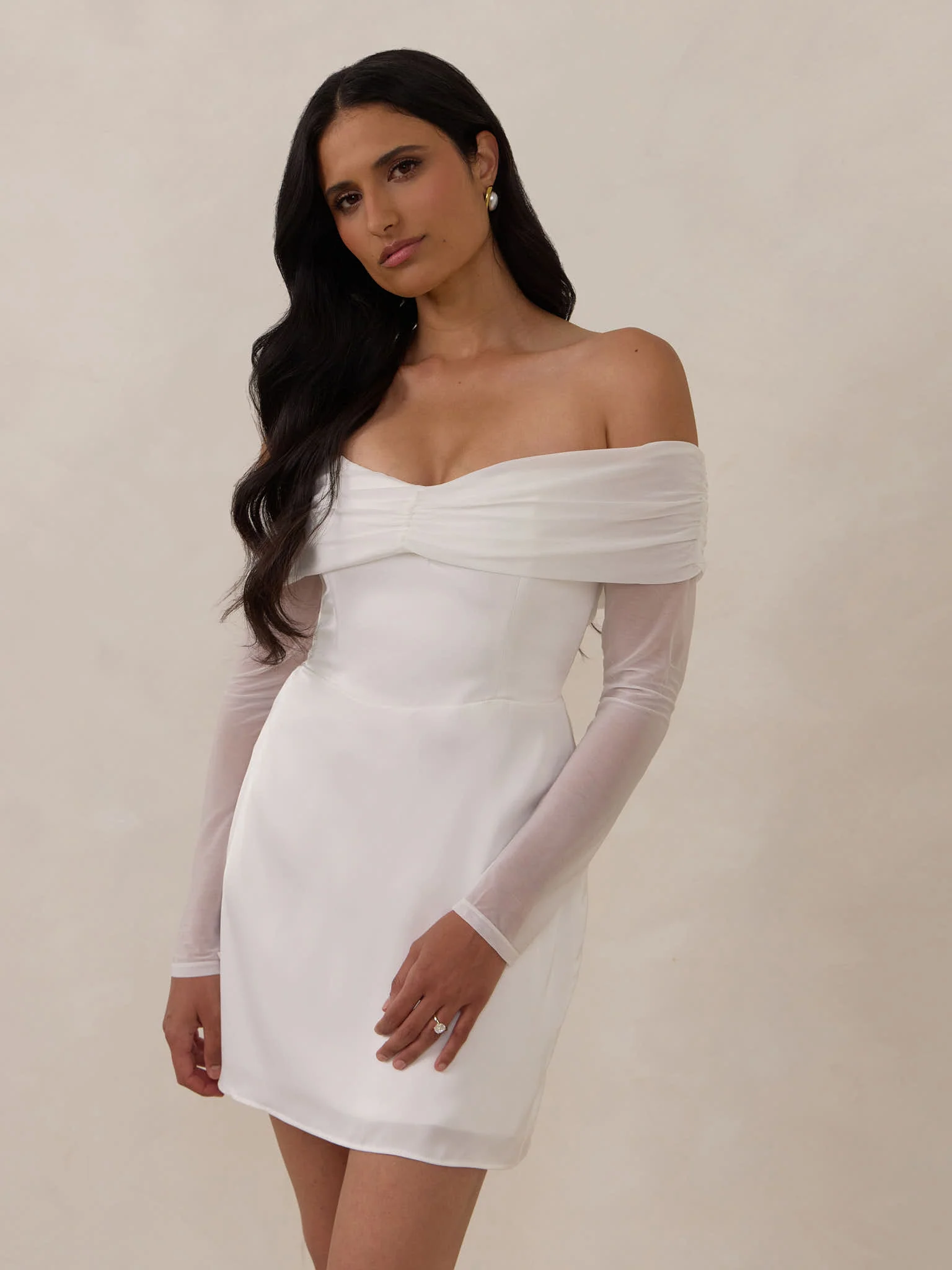 Off Shoulder White Mini Dress for Bride with Mesh Long Sleeves
