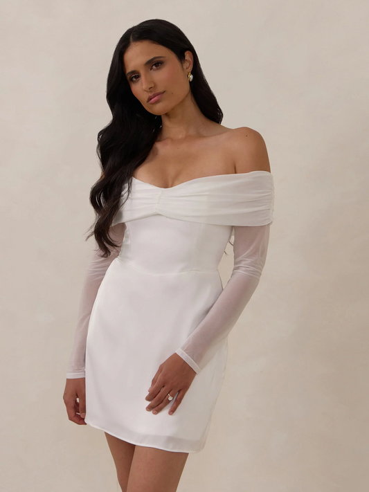 Off Shoulder White Mini Dress for Bride with Mesh Long Sleeves
