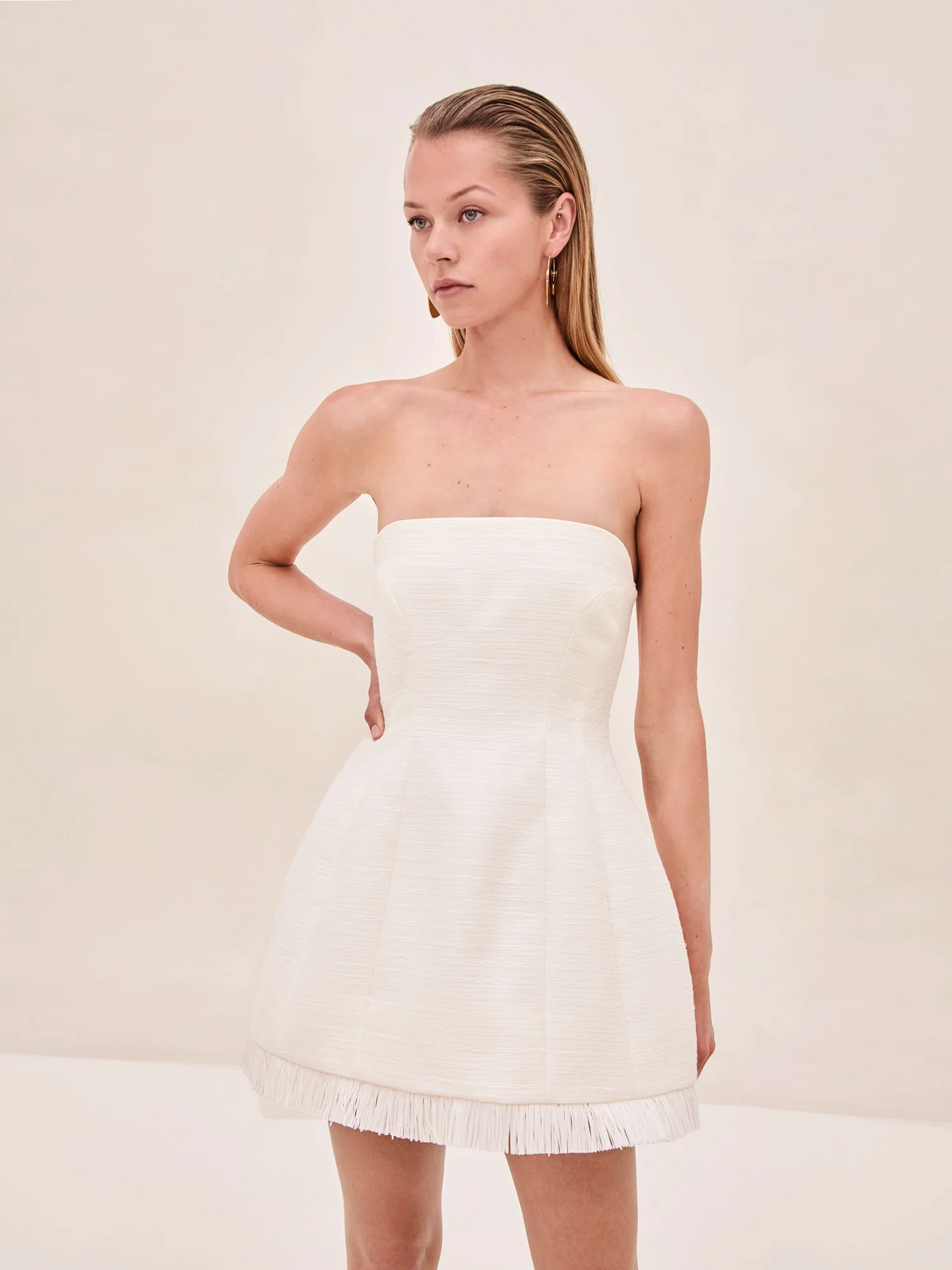 tweed strapless bridal dress with tulip shape hourglass skirt