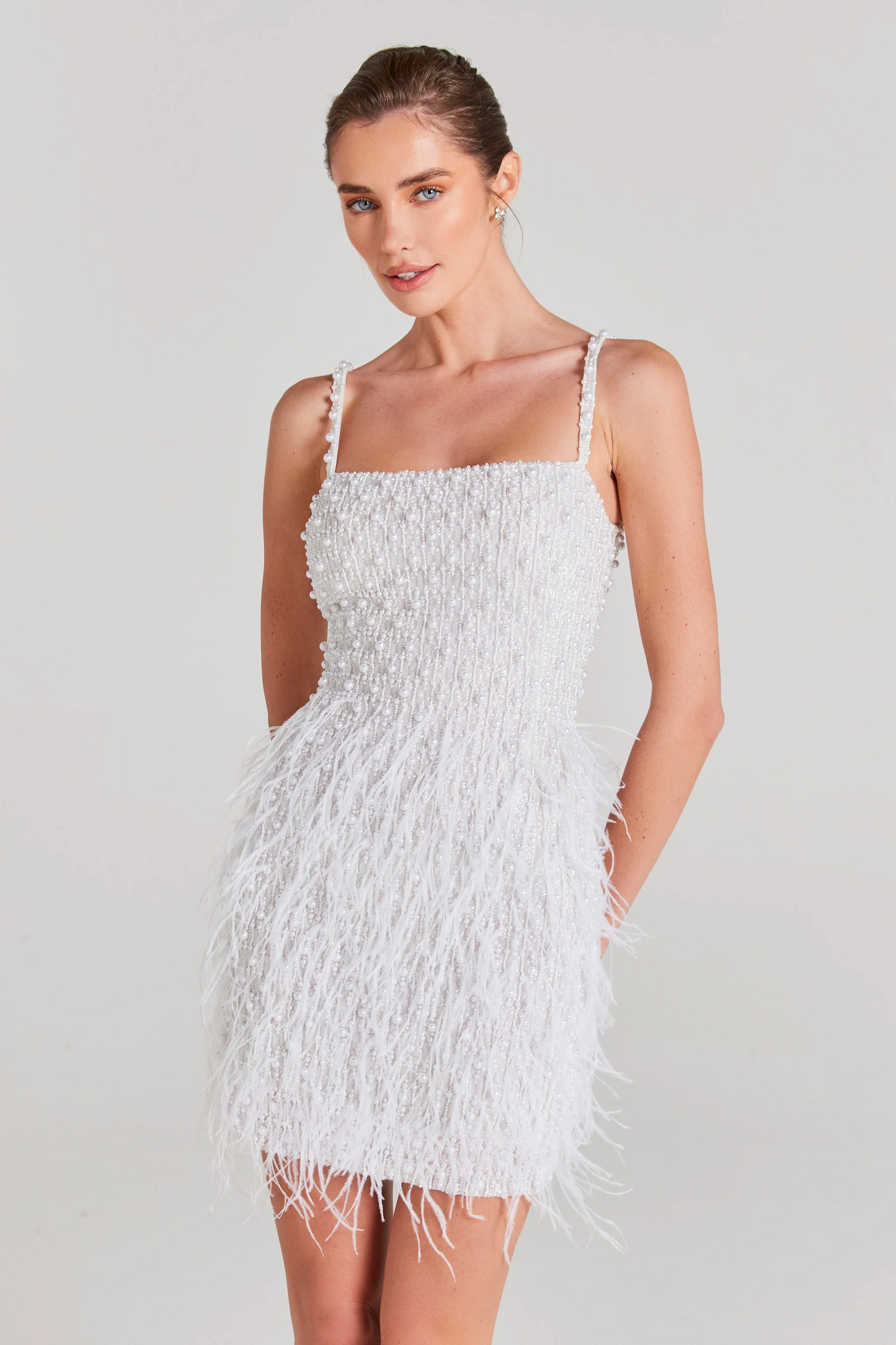 Pearl and Bead Embellished Mini Dress with Feathers