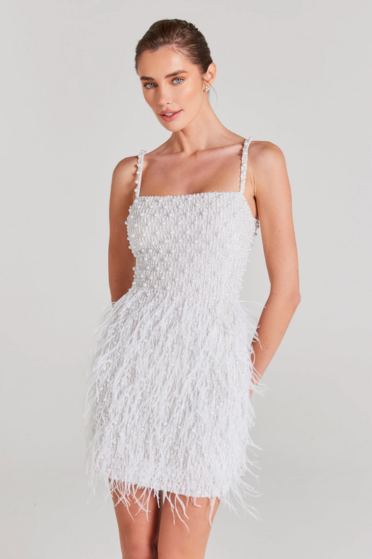 Pearl and Bead Embellished Mini Dress with Feathers