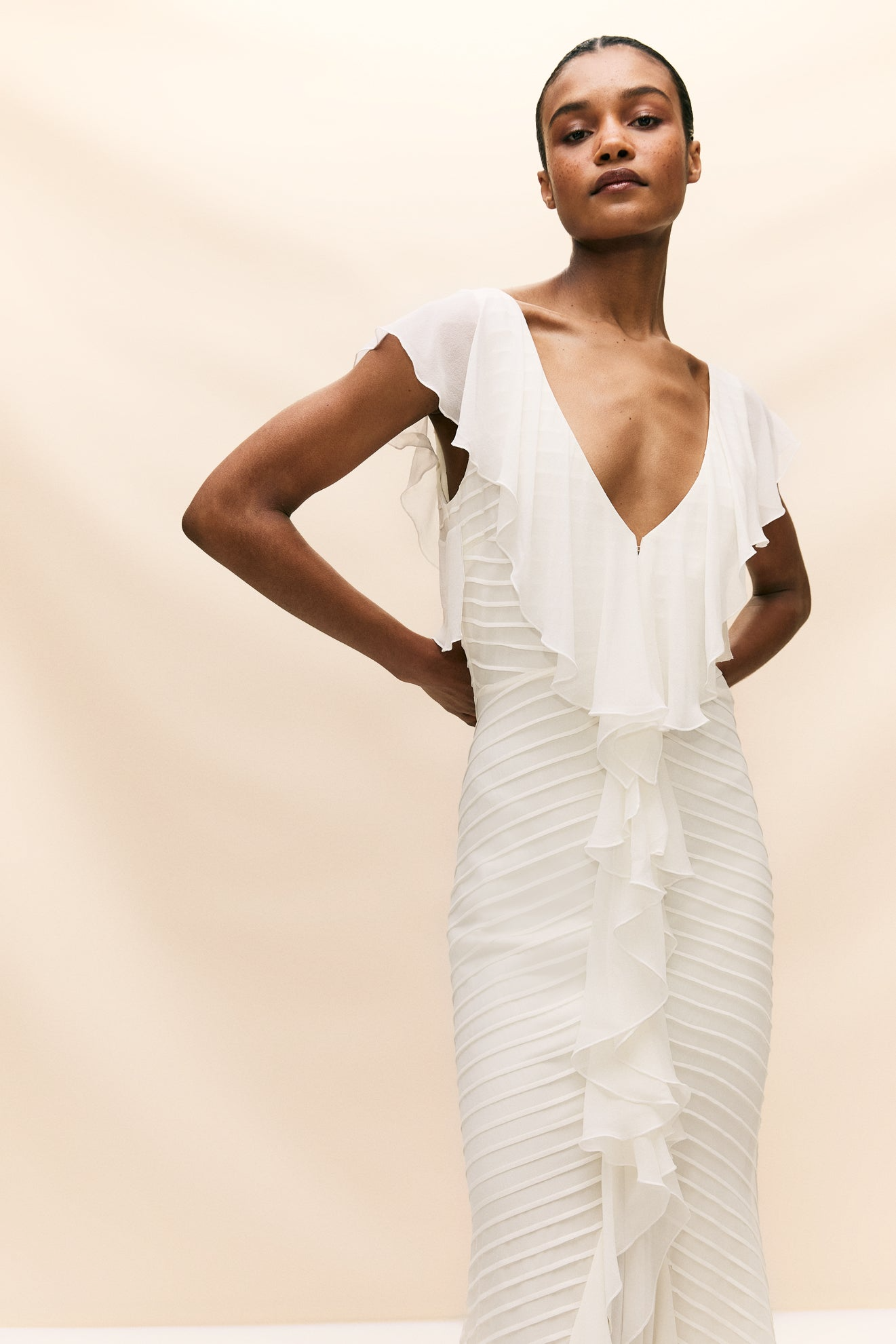 White Silk Chiffon Ruffle Maxi Dress