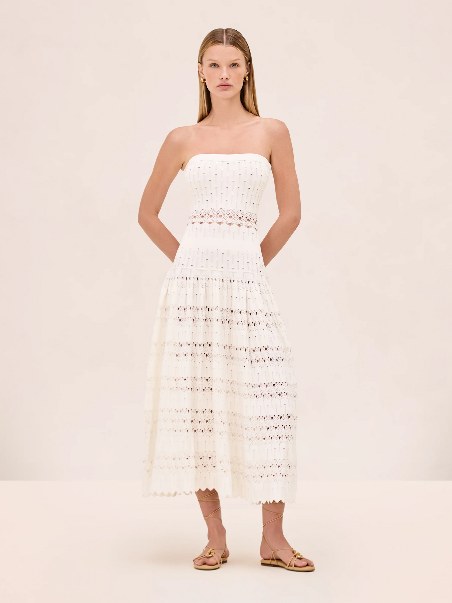 Strapless Knit Eyelet Midi Dress