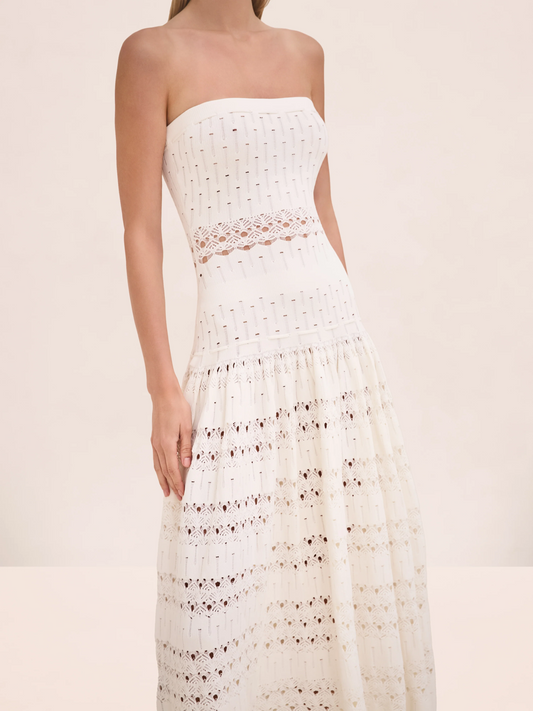 Strapless Knit Eyelet Midi Dress