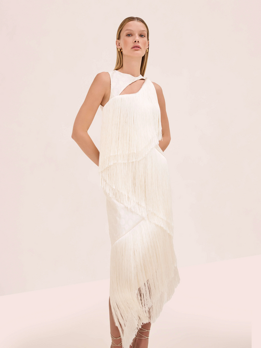 White Fringe Cutout Midi Dress