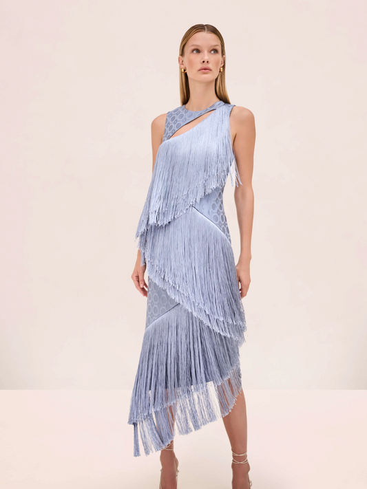 Blue Fringe Cutout Midi Dress