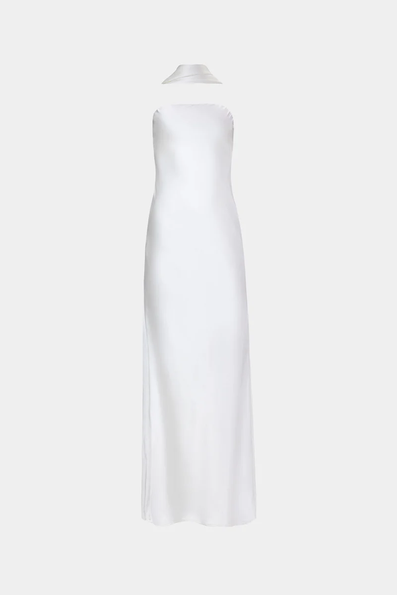 White Satin Maxi Dress with Neck Scarf