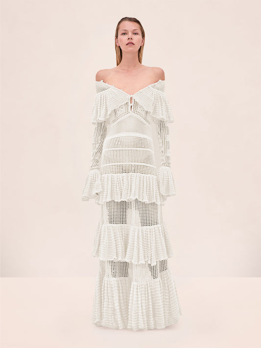 Off-Shoulder Ruffled Knit Dress