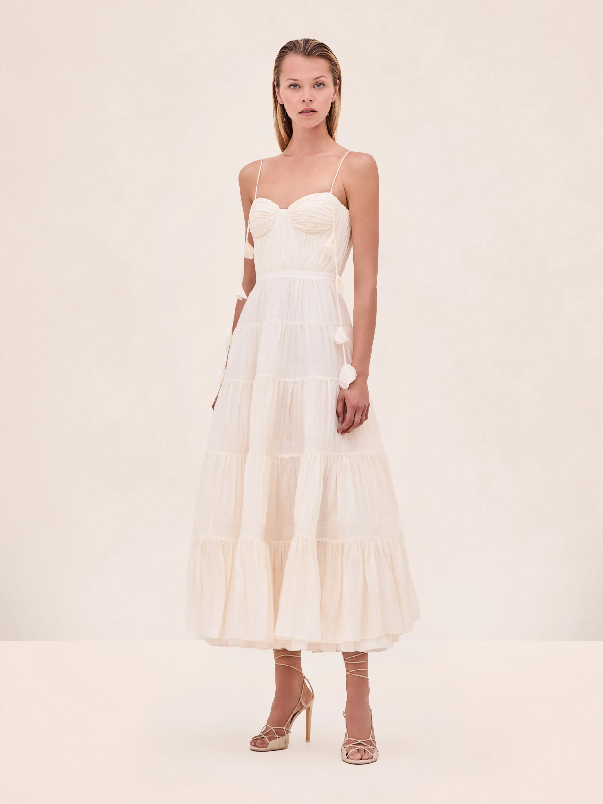 flora midi dress with pleated detail and tassels for bridal shower
