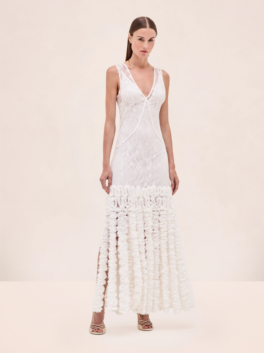 Lace Maxi Dress with Floral Fringe