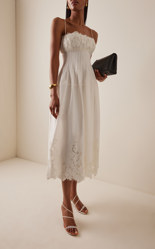 White Lace-Detailed Cotton-Blend Midi Dress